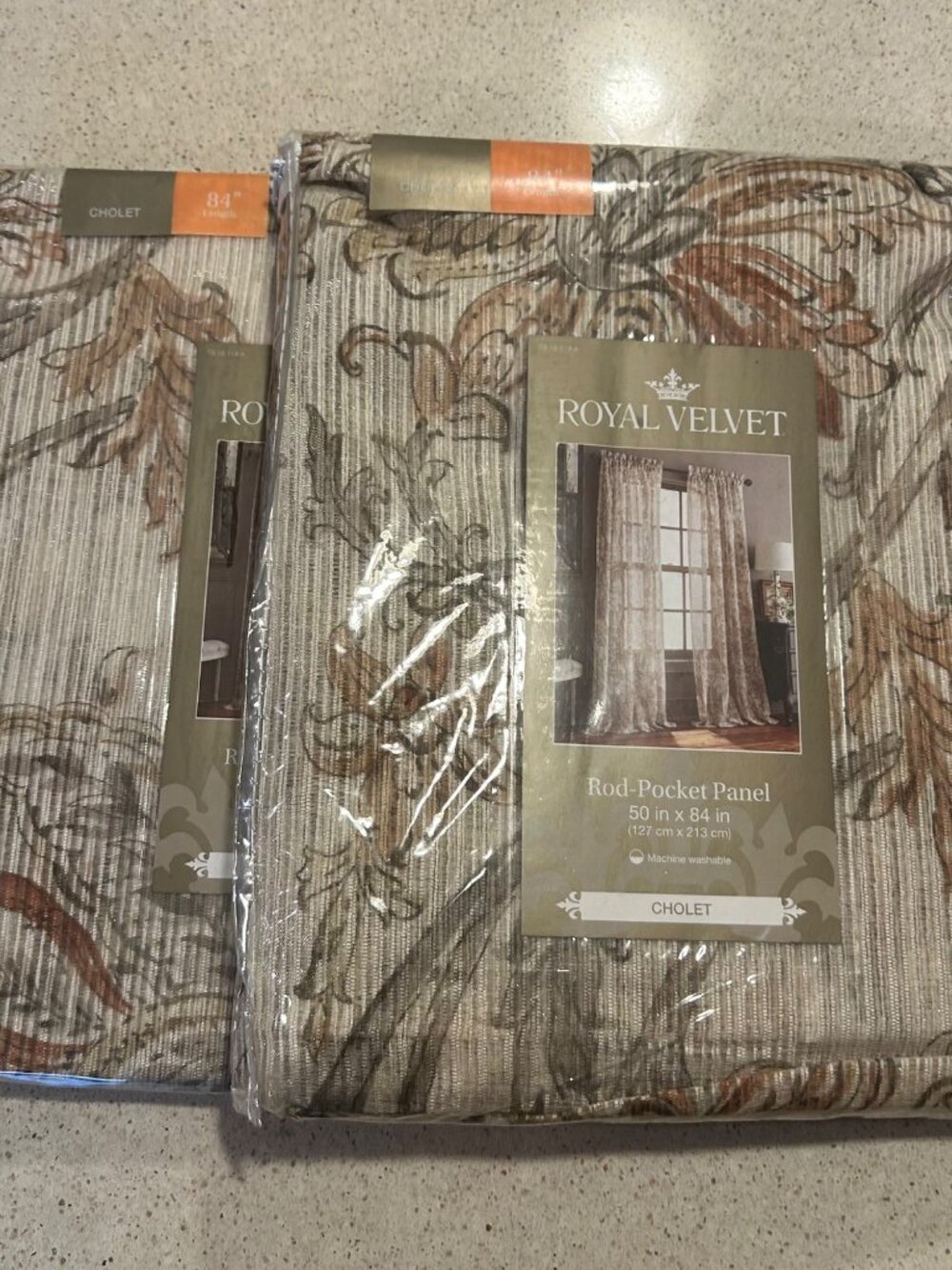 "Royal Velvet Cholet Curtain Set 2 Rod Pocket Panels Floral Beige Rust 50"x 84" - Picture 3 of 14